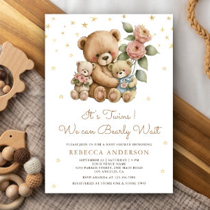 Invitation Jolis jumeaux Maman et bébé ours en peluche Baby S