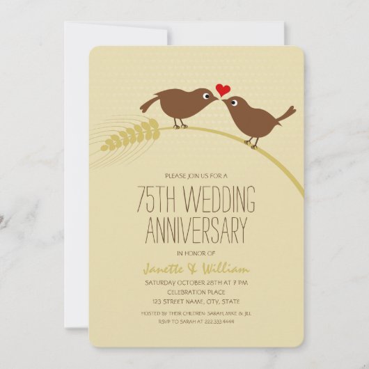 Invitation Jolis Oiseaux de l'Amour de Campagne 75e Anniversa (Devant)