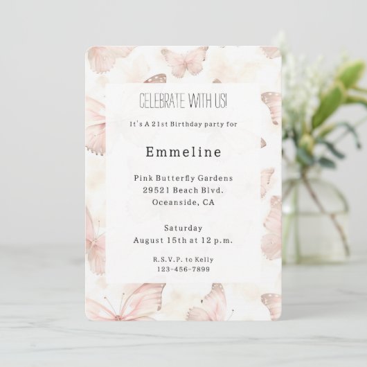 Invitation Jolis papillons roses Anniversaire (Debout devant)