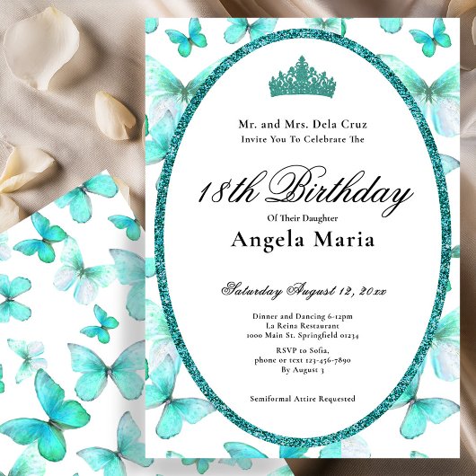 Invitation Jolis Papillons Sarcelle Début 18e Anniversaire