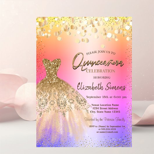 Invitation Jolis points de confettis, robe chic pour Quinceañ