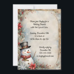 Invitation Jolly Snowman fête de Noël<br><div class="desc">Un joyeux bonhomme de neige en chapeau et foulard rouge aux ornements suspendus est entouré de flocons de neige et de fleurs sur cette invitation charmante et rustique à la fête de Noël. Belle et démodée, parfaite pour vos fêtes de vacances. Retirez le texte, et c'est le papier à lettres...</div>
