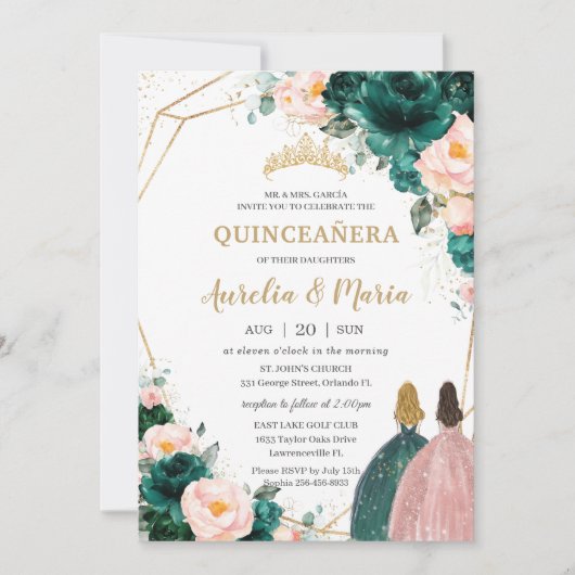 Invitation Jonction Quinceañera Emerald Green Blush Floral (Devant)