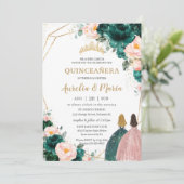 Invitation Jonction Quinceañera Emerald Green Blush Floral (Debout devant)