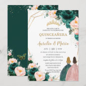 Invitation Jonction Quinceañera Emerald Green Blush Floral (Devant / Derrière)