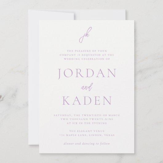 Invitation Jordan Lilac Script Monogramme Mariage élégant (Devant)