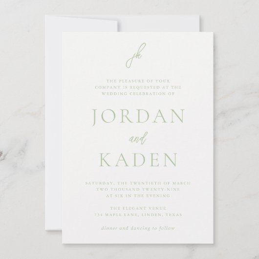 Invitation Jordanie Sage doux Script Monogramme Mariage éléga (Devant)