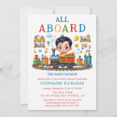 Invitation Jote Baby shower de train rouge bleu garçon Invita (Devant)