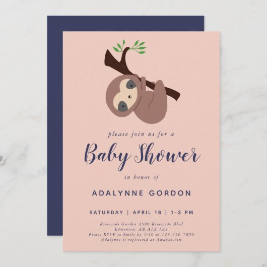 Invitation Jote Baby shower rose violet mauve adorable animal (Devant / Derrière)