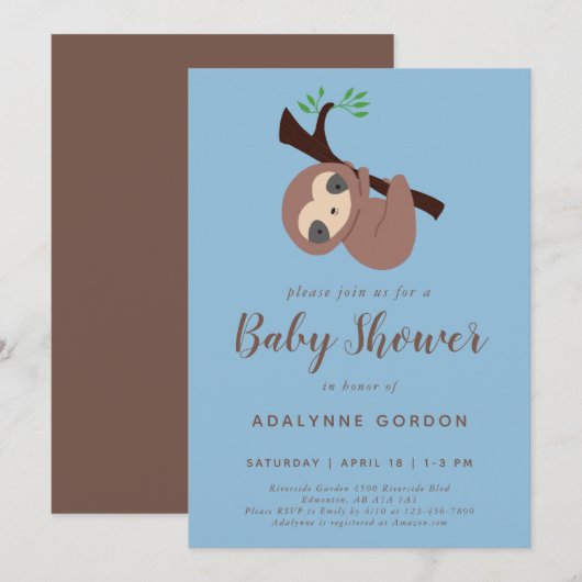 Invitation Jote Baby shower Sloth Boy Bleu Brown Kawaii (Devant / Derrière)