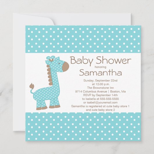 Invitation Jote Brown Blue Giraffe Boys Baby shower (Devant)