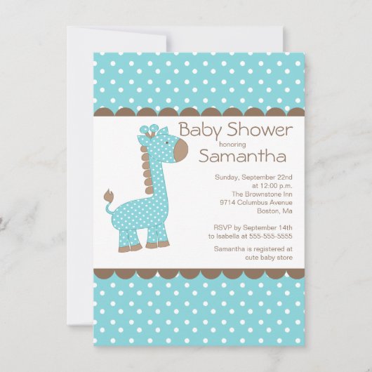 Invitation Jote Brown Blue Giraffe Boys Baby shower (Devant)