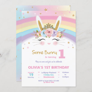 Invitation Jote Bunny 1er Anniversaire Filles Rainbow Rabbit