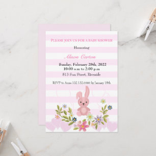 Invitation Jote Bunny rose rayures bébé douche fille
