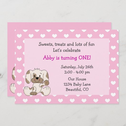 Invitation Jote Chien Chien 1er Anniversaire Filles Invitatio (Devant / Derrière)