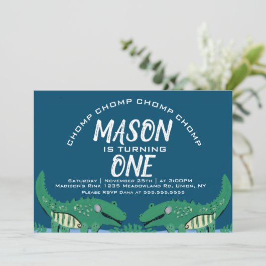 Invitation Jote Chomping Alligator Safari fête d'anniversaire (Debout devant)