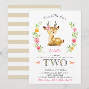 Invitation Jote Deer Girl Woodland Floral 2ème anniversaire