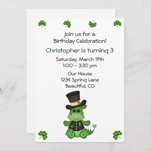 Invitation Jote Dragon St Patrick's Day Anniversaire Invitati (Devant / Derrière)