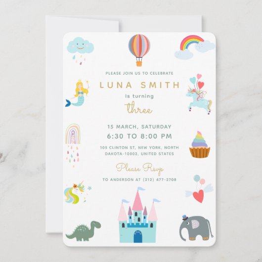 Invitation Jote Fairytale Princess Dragon Coloré Anniversaire (Devant)