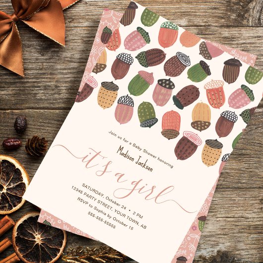 Invitation Jote Fall Pink Acorns fille Baby shower Party