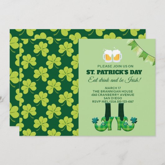 Invitation Jote Green Shamrock Motif St. Patrick's Day (Devant / Derrière)