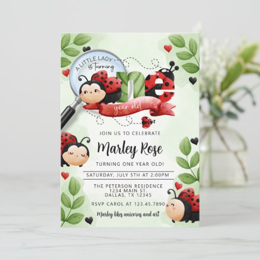 Invitation Jote Ladybug Beetle tourné UNE 1ère fête d'anniver (Debout devant)
