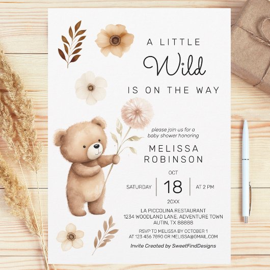 Invitation Jote Ours Sauvage Fleurs Boho Baby Boy Douche