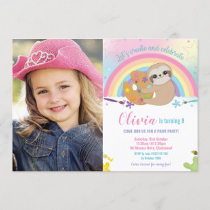 Invitation Jote Rainbow Sloth Art Party Paint Annithday Photo