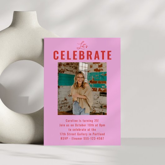 Invitation Jote Red Pink Photo moderne 25e fête d'anniversair