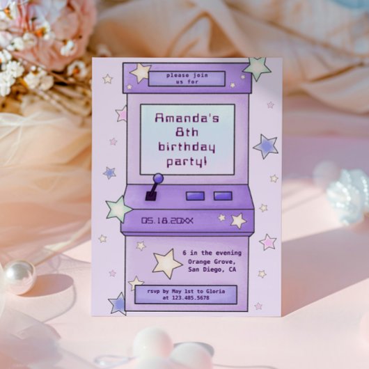 Invitation Jote Retro Purple Arcade Anniversaire de enfant de
