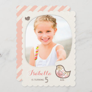 Invitation Jote Rose Damask Bird Photo Girl Anniversaire Invi