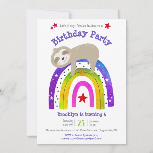 Invitation Jote Sloth Boho Arc en ciel Simple moderne Anniver (Devant)