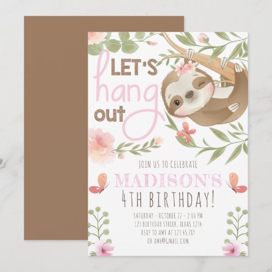 Invitation Jote Sloth Girl Anniversaire (Devant / Derrière)