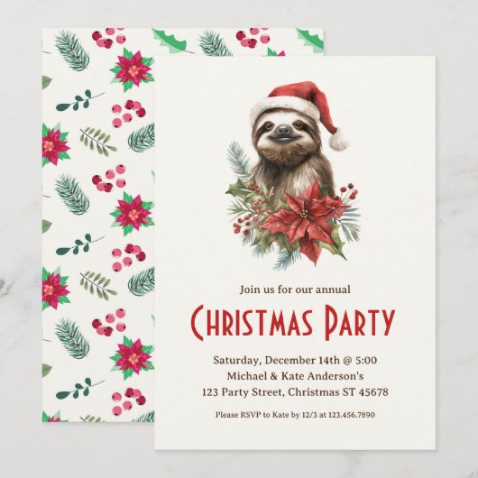 Invitation Jote Sloth Santa Hat Poinsettias Noël (Devant / Derrière)