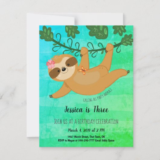 Invitation Jote Sloth Tropical Girl Anniversaire (Devant)