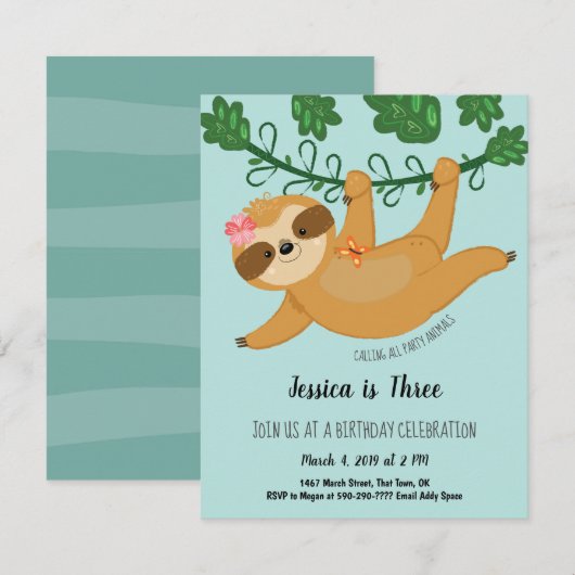 Invitation Jote Sloth Tropical Girl Anniversaire (Devant / Derrière)