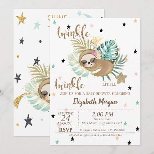 Invitation Jote Sloth Twinkle Little Star Baby shower (Devant / Derrière)