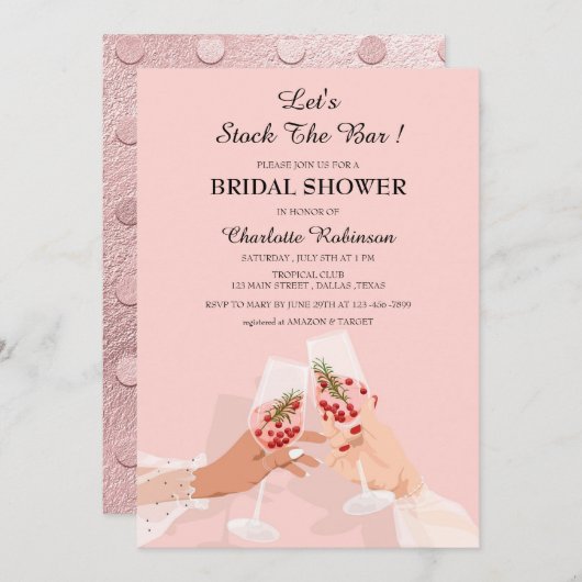 Invitation Jote Stock Rose Fête des mariées Bar (Devant / Derrière)