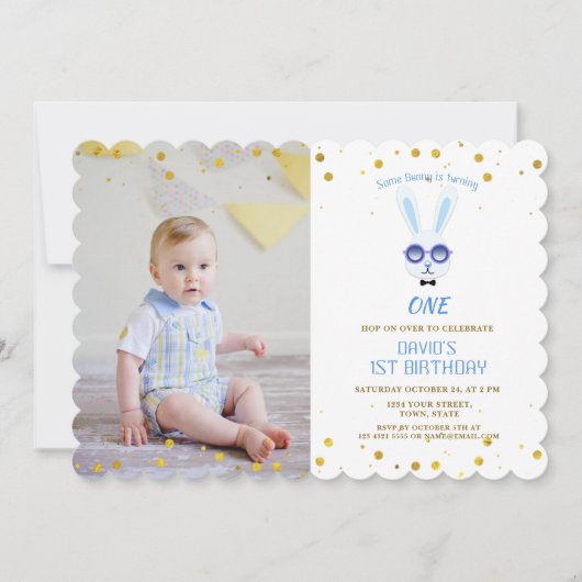 Invitation Jote Un Garçon Bunny Photo 1ER Anniversaire (Devant)