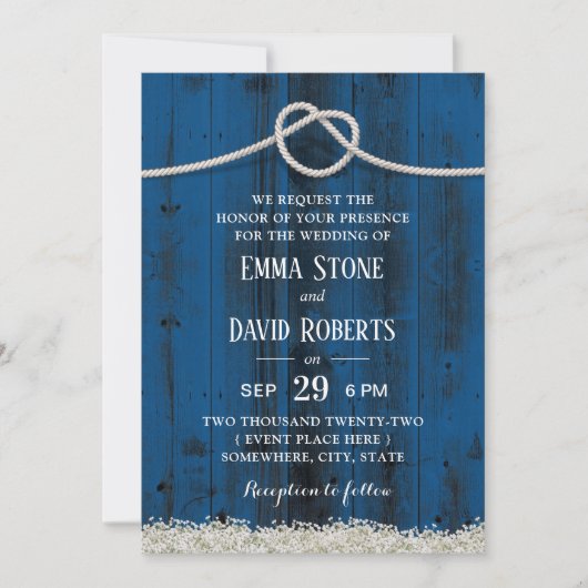 Invitation Joue rustique Knot Marine Bleu Mariage en bois gra (Devant)