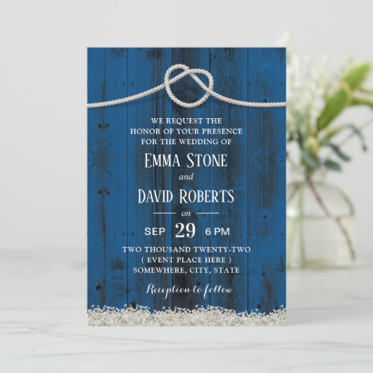 Invitation Joue rustique Knot Marine Bleu Mariage en bois gra (Debout devant)