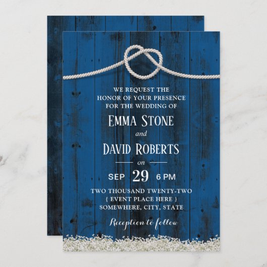 Invitation Joue rustique Knot Marine Bleu Mariage en bois gra (Devant / Derrière)