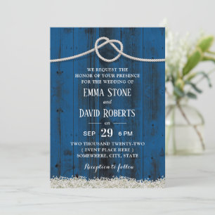 Invitation Joue rustique Knot Marine Bleu Mariage en bois gra