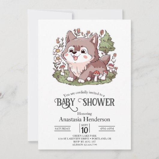 Invitation Jouer Baby shower de loup de charme (Devant)