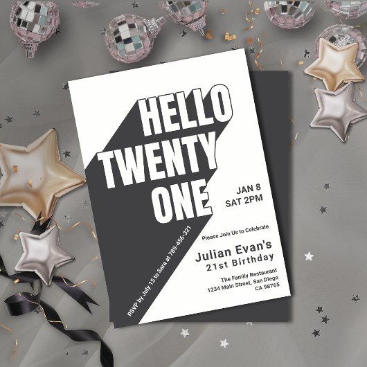 Invitation Jouer Black & Whit Gras Typographie 21e anniversai