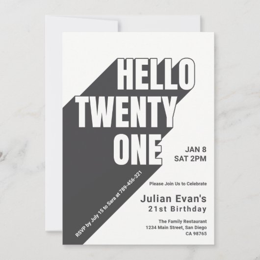 Invitation Jouer Black & Whit Gras Typographie 21e anniversai (Devant)