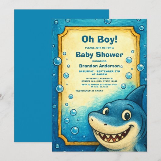 Invitation Jouer Blue Shark Bubbles Baby shower garçon (Devant / Derrière)