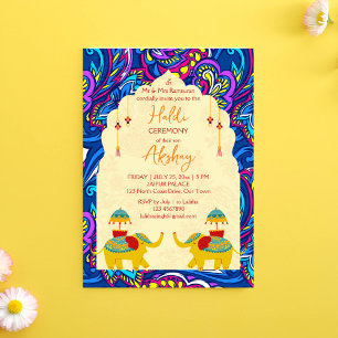 Invitation Jouer éléphants mariages indiens bleu jaune haldi