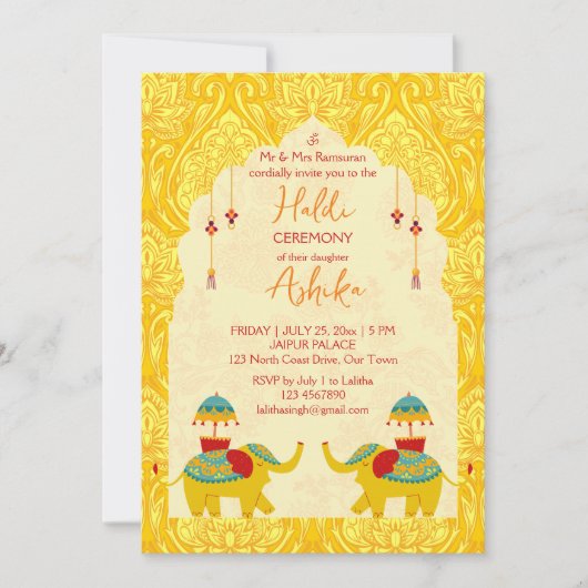 Invitation Jouer éléphants mariages indiens haldi jaune (Devant)