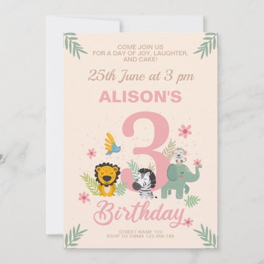 Invitation Jouer Jungle Pastel Troisième anniversaire (Devant)